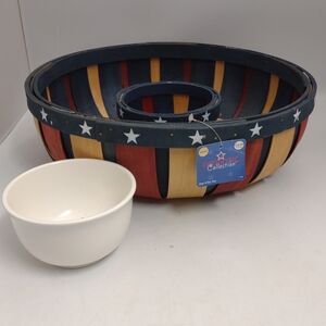 Patriotic Collection 13.5" Wooden Round Rustic Chip N Dip Basket Red White Blue